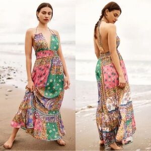 Anthropologie Mahila Anne V-Neck Scarf Maxi Dress S Pink Green Halter